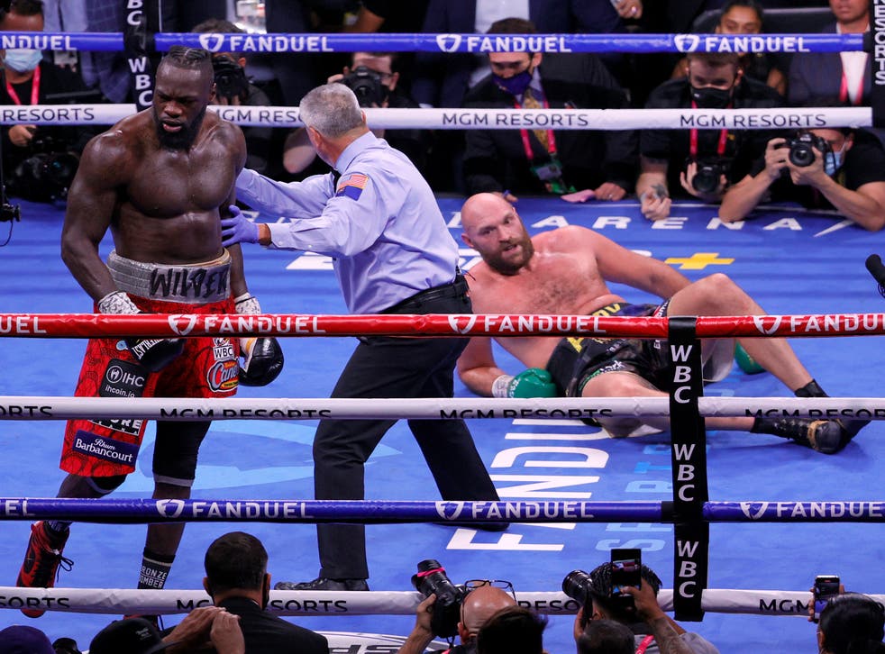 <p>Deontay Wilder knocked Tyson Fury to the ground more than once during their fight</p>