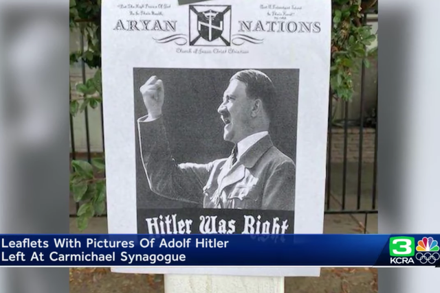 <p>Leaflets reading ‘Hitler was right’ were taped to the manurah of Shalom le Israel Messianic Synagogue in Sacramento</p>