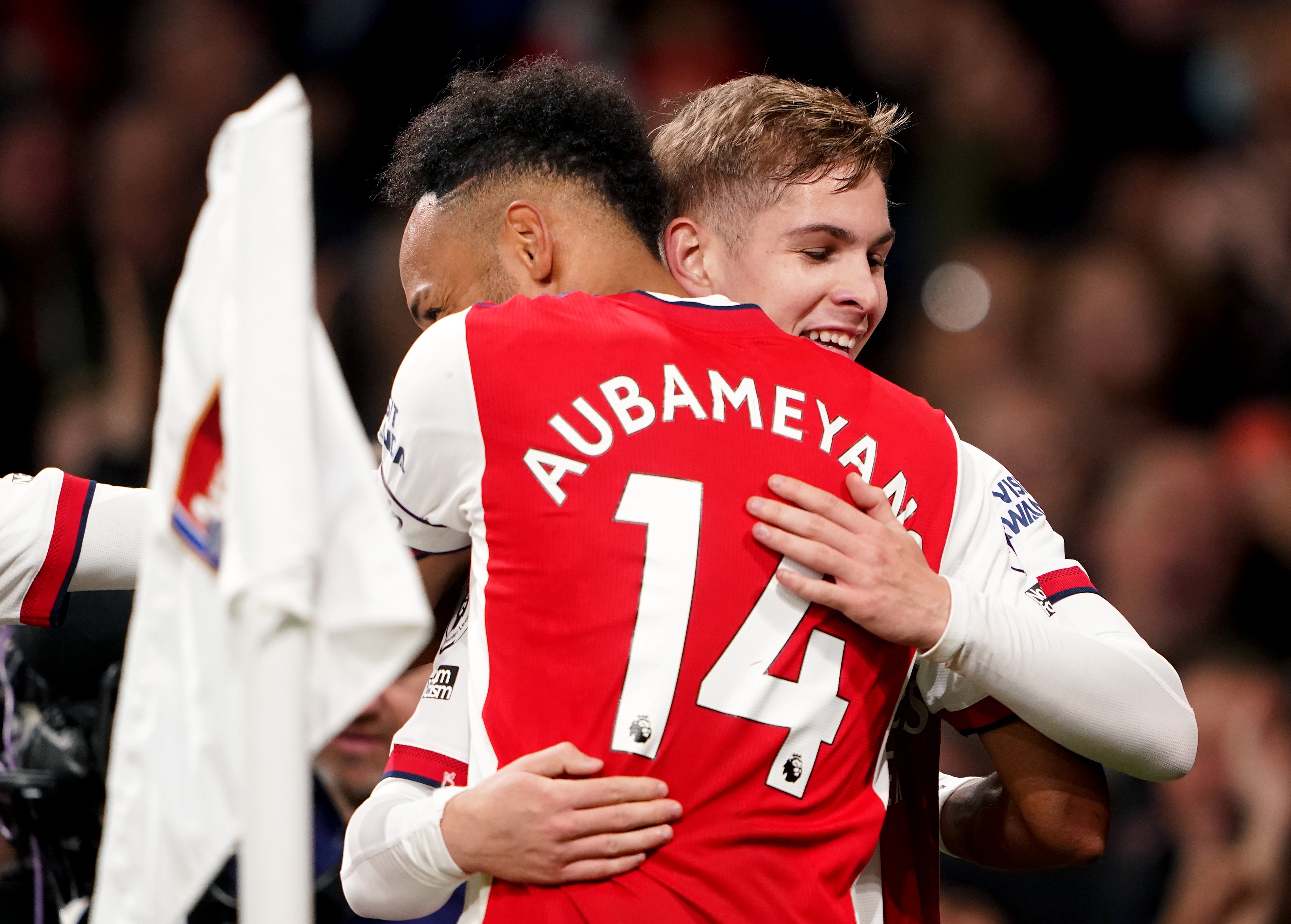 Arsenal goalscorers Pierre-Emerick Aubameyang, left, and Emile Smith Rowe celebrate (Zac Goodwin/PA)