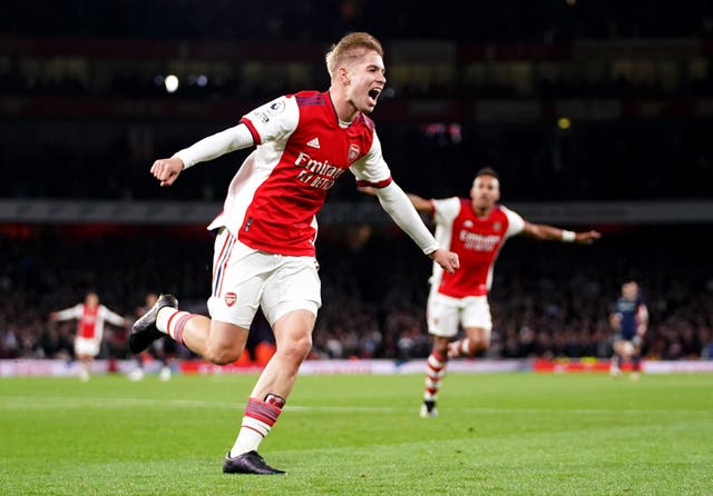 Emile Smith-Rowe celebrates after scoring Arsenal’s third goal (Zac Goodwin/PA)