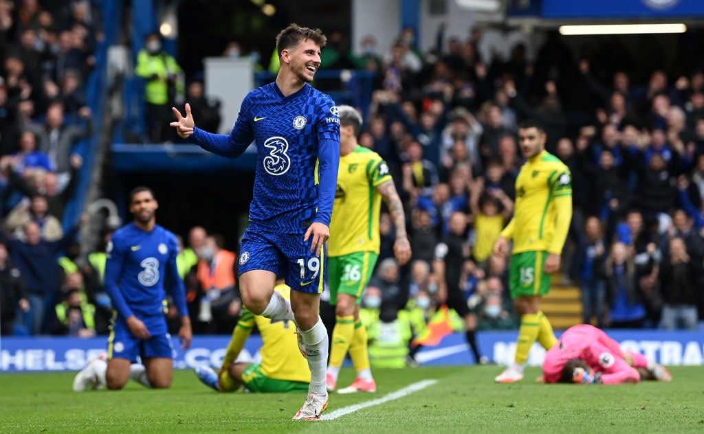 Mason Mount celebrates completing his hat-trick in the emphatic win over Norwich