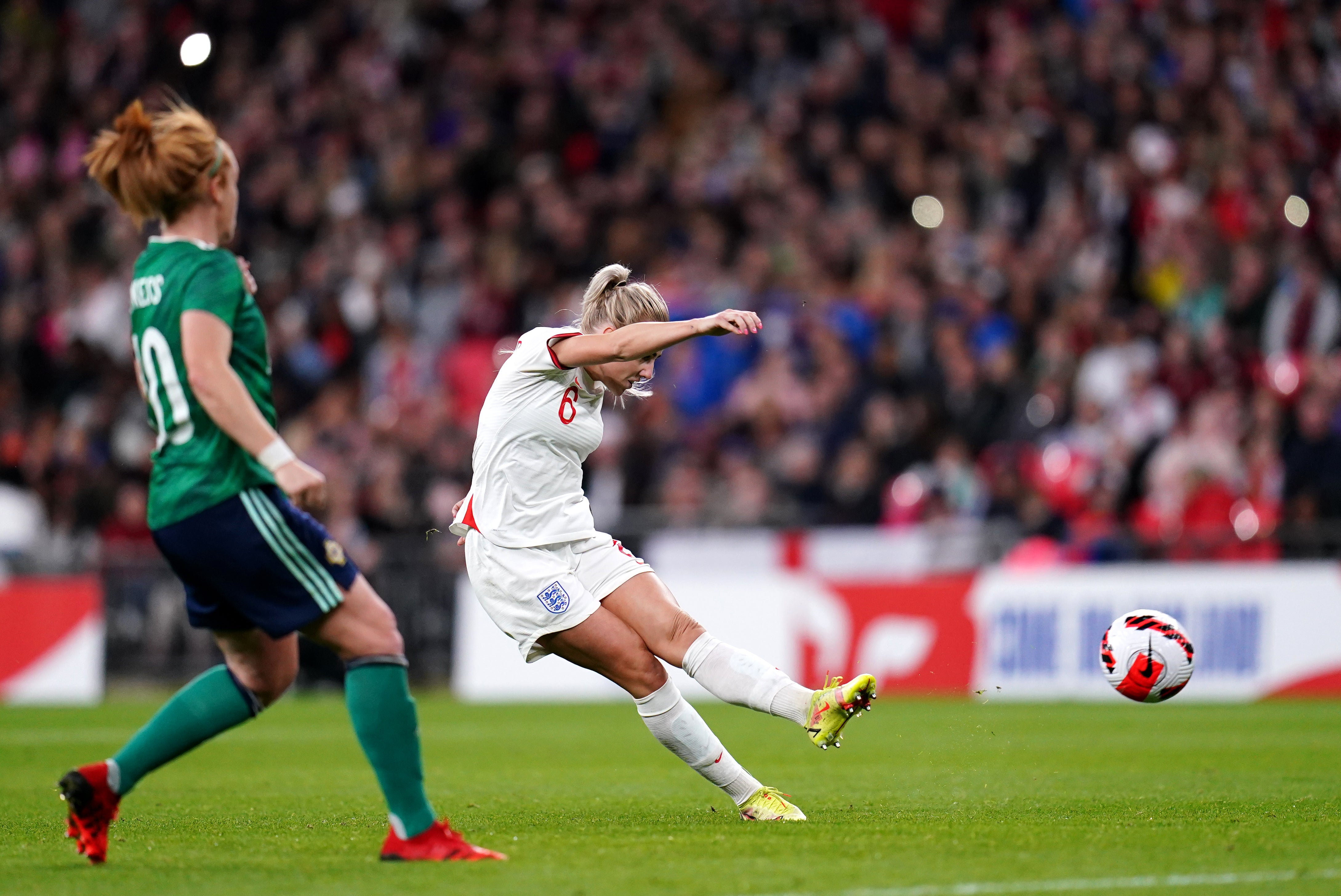 Alex Greenwood was denied by the crossbar