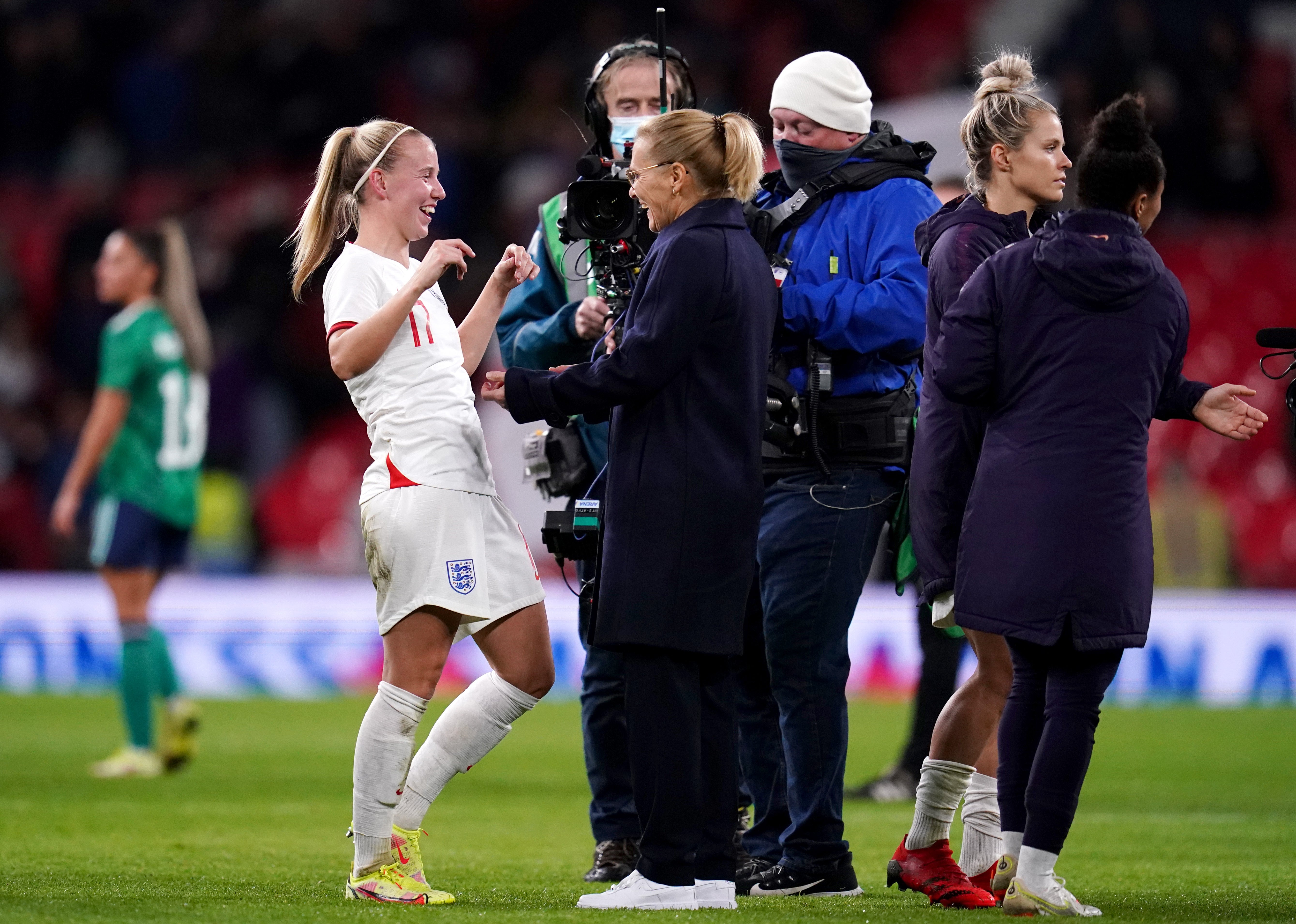 Beth Mead, left, celebrates with manager Sarina Wiegman after the final whistle (John Walton/PA)