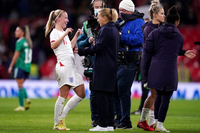 Beth Mead, left, celebrates with manager Sarina Wiegman after the final whistle (John Walton/PA)