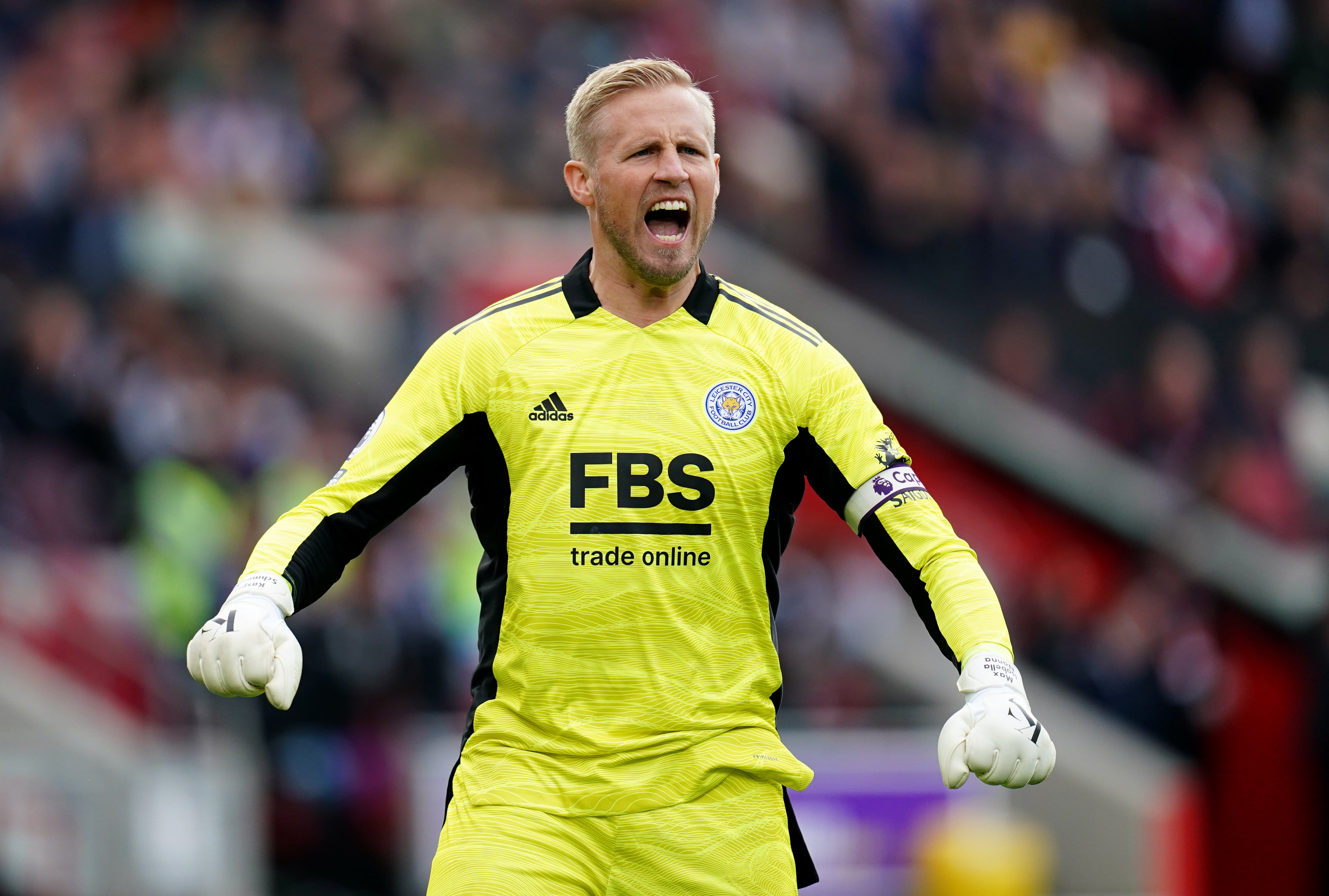 Leicester keeper Kasper Schmeichel celebrates after team-mate James Maddison scores the winner in a 2-1 victory at Brentford (John Walton/PA Images).