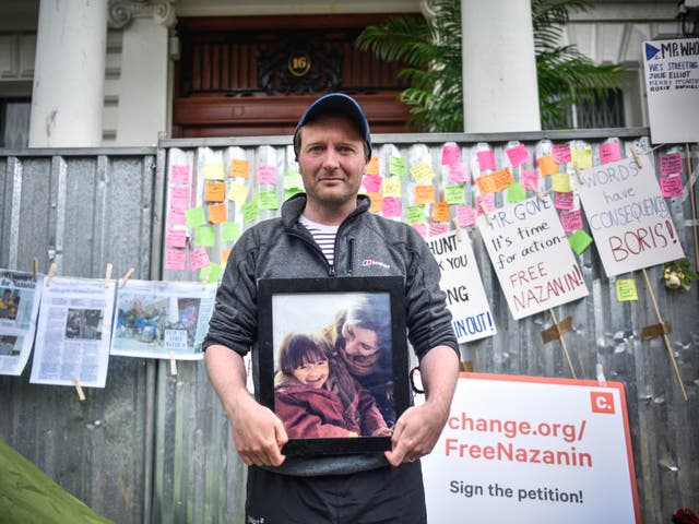 <p>Richard Ratcliffe held his last hunger strike outside the Iranian embassy, in London, on 20 June 2019</p>