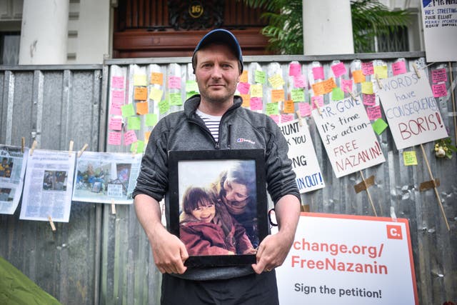 <p>Richard Ratcliffe held his last hunger strike outside the Iranian embassy, in London, on 20 June 2019</p>