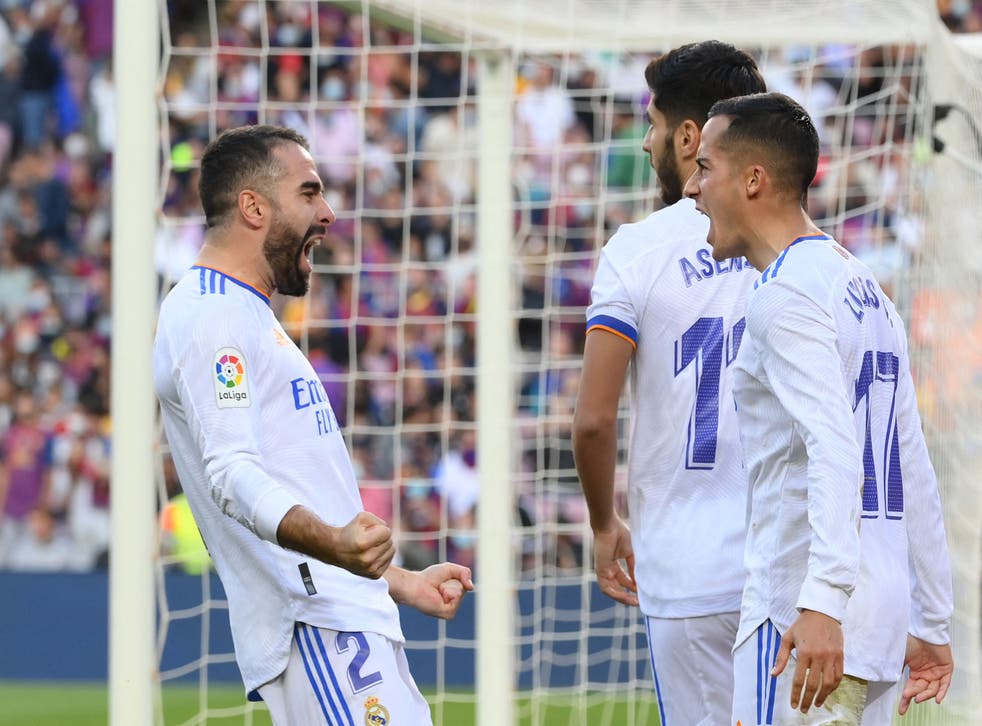 <p>Lucas Vazquez celebrates scoring Madrid’s second goal</p>