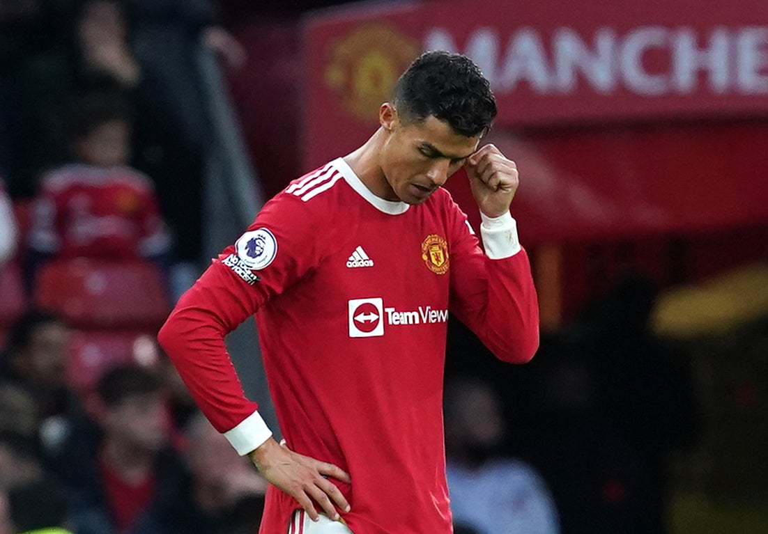 Manchester United’s Cristiano Ronaldo reacts during the 5-0 home defeat by Liverpool (Martin Rickett/PA)
