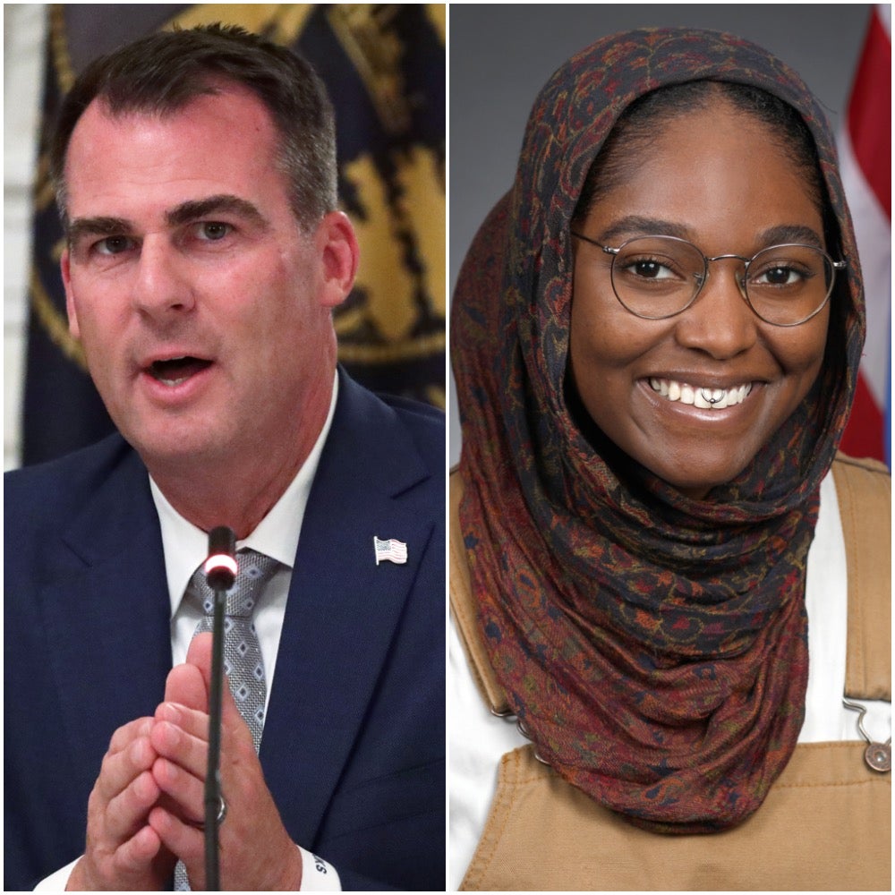 Oklahoma Governor Kevin Stitt, left, has vowed to reject a state Health Department directive allowing nonbinary people to amend their birth certificates, a move supported by Democratic state lawmaker Mauree Turner, right, who is nonbinary.