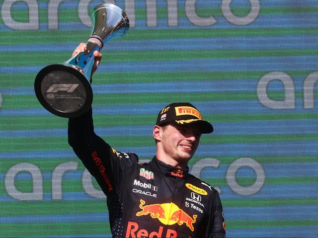 <p>Max Verstappen celebrates his eighth F1 win of the season</p>