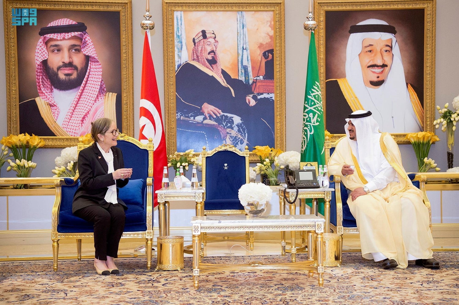 Saudi Arabia’s Prince Muhammad bin Abdul Rahman bin Abdulaziz, Acting Governor of Riyadh Region, receives the Tunisian Prime Minister, Najla Boden, during the Green Middle East Initiative Summit