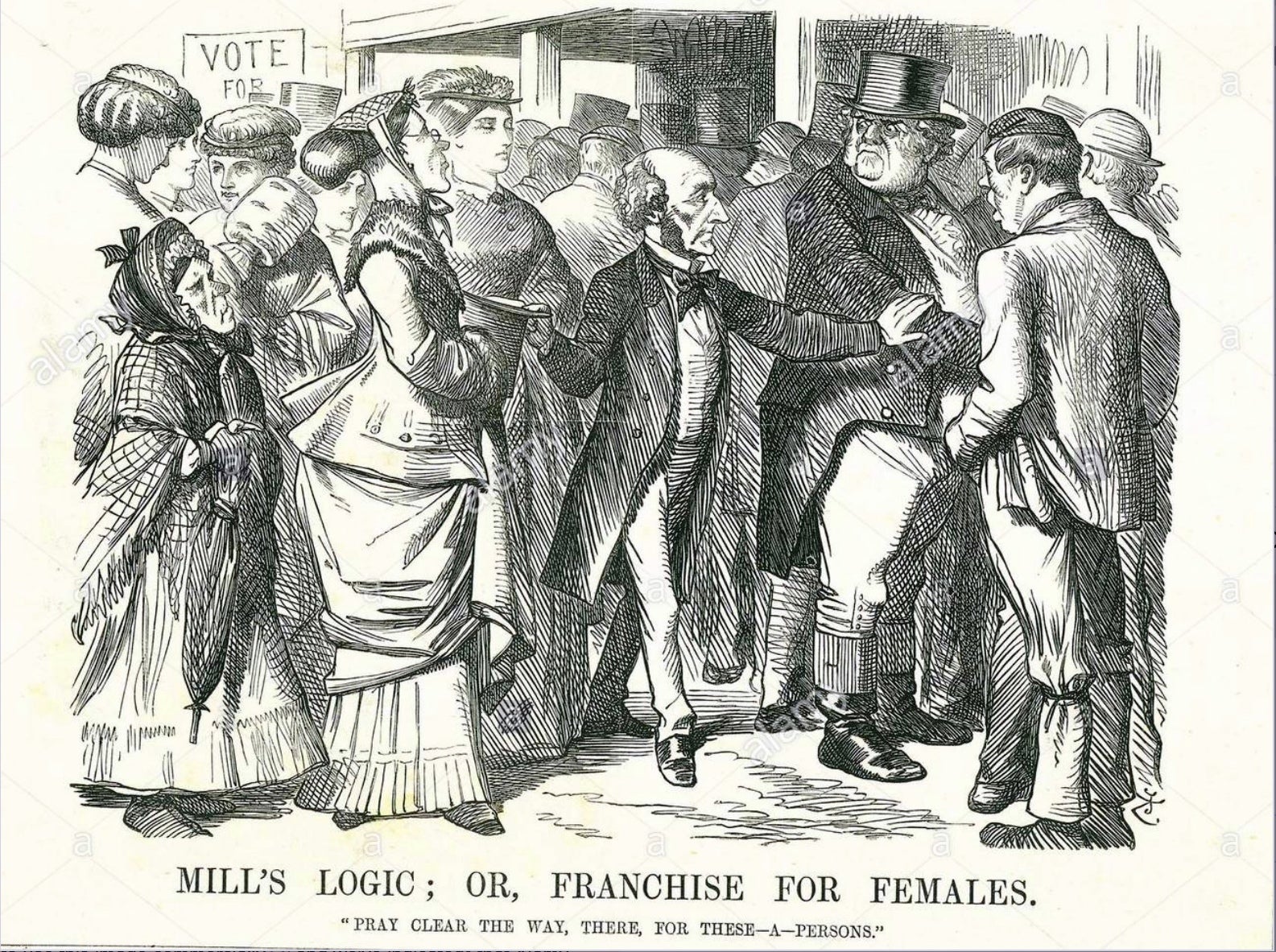 John Stuart Mill asks an indignant John Bull to let women cast their vote. The woman next to Mill second from the left is the suffragist Lydia Becker