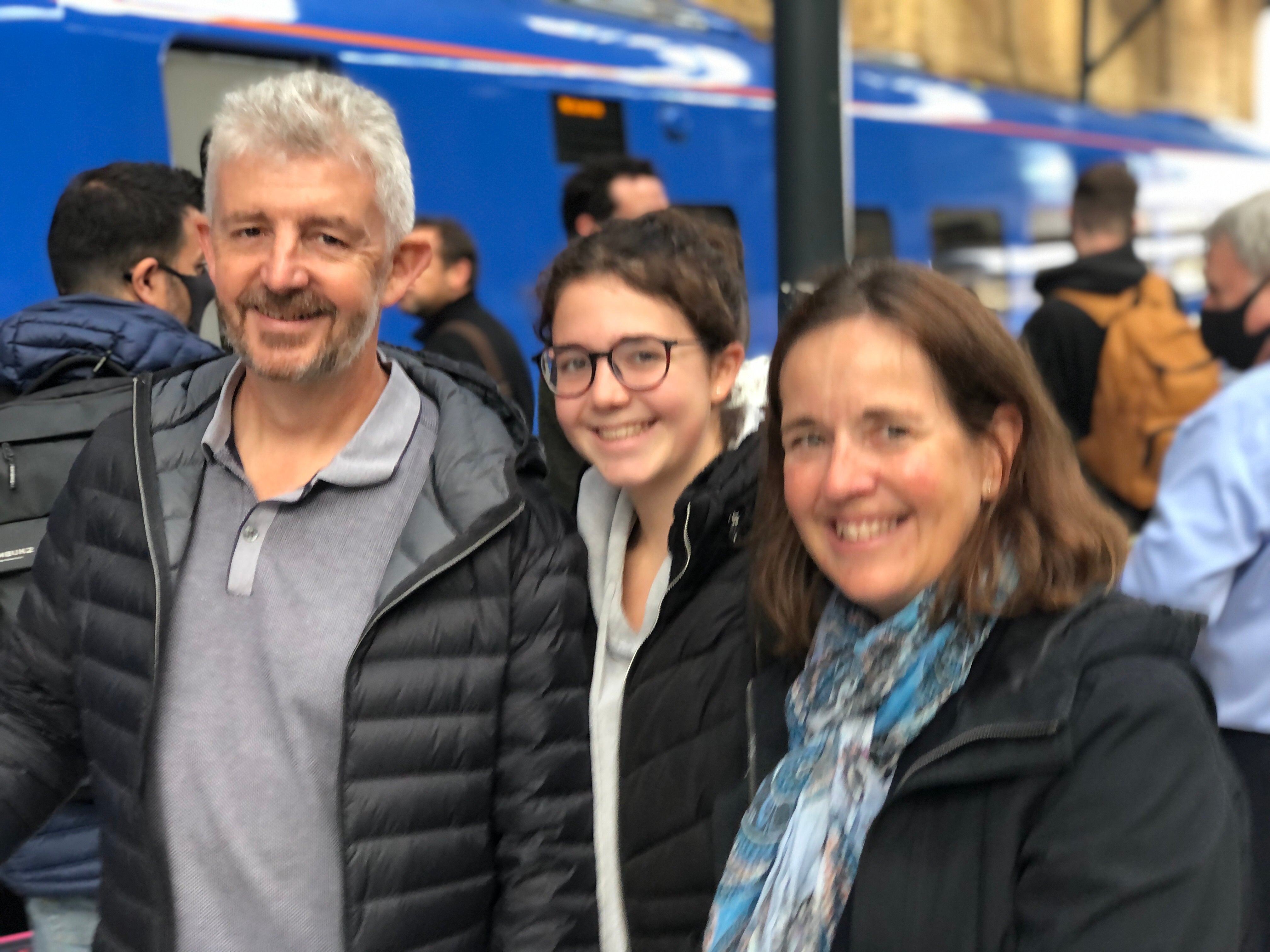 Happy travellers: Ian, Alice and Ann Kingswood about to board the first passenger-carrying Lumo train from London King’s Cross