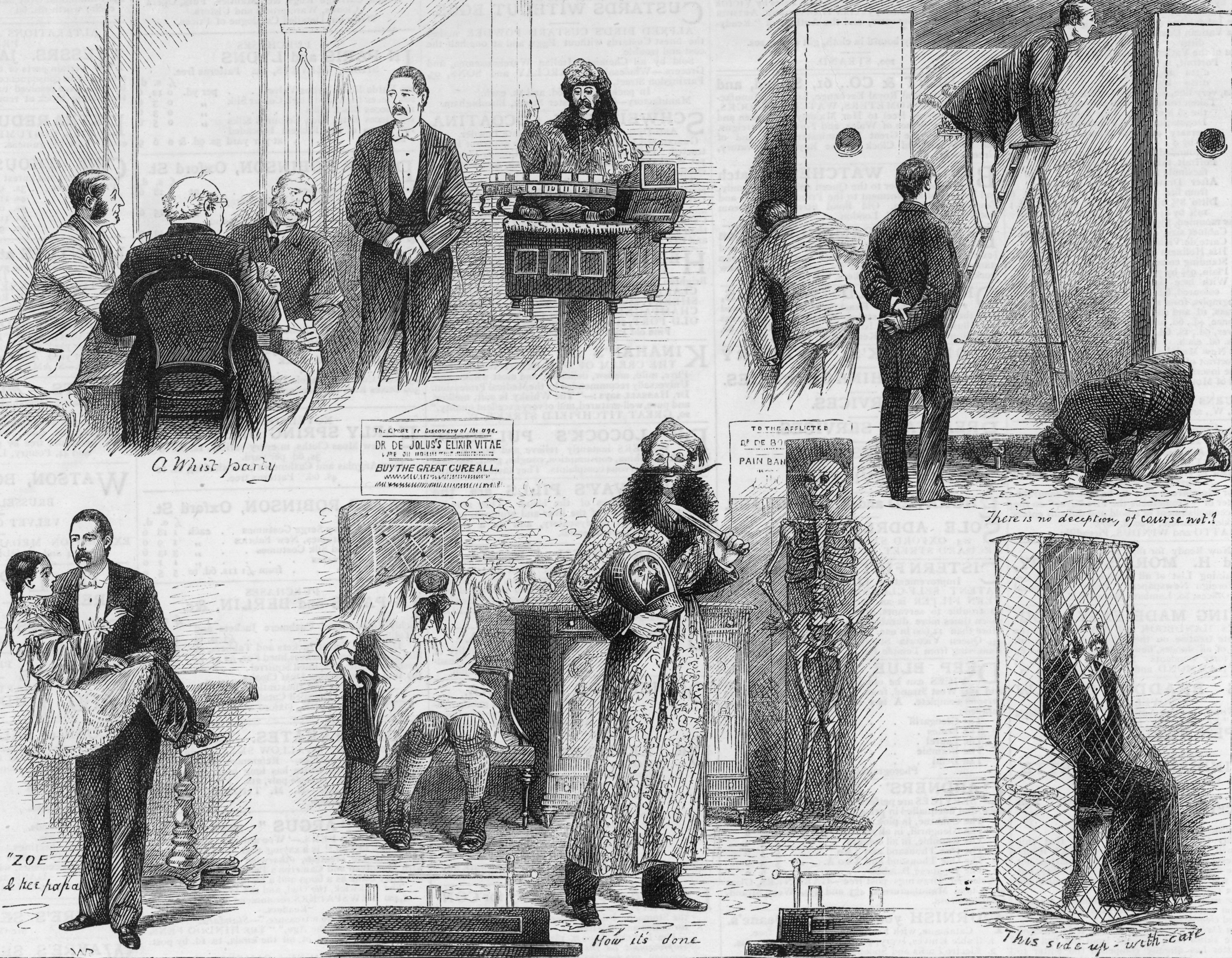 These pictures from 1878 depict the stage show of English magician John Nevil Maskelyne and cabinet-maker George Alfred Cooke during their tenancy at the Egyptian Hall, Piccadilly