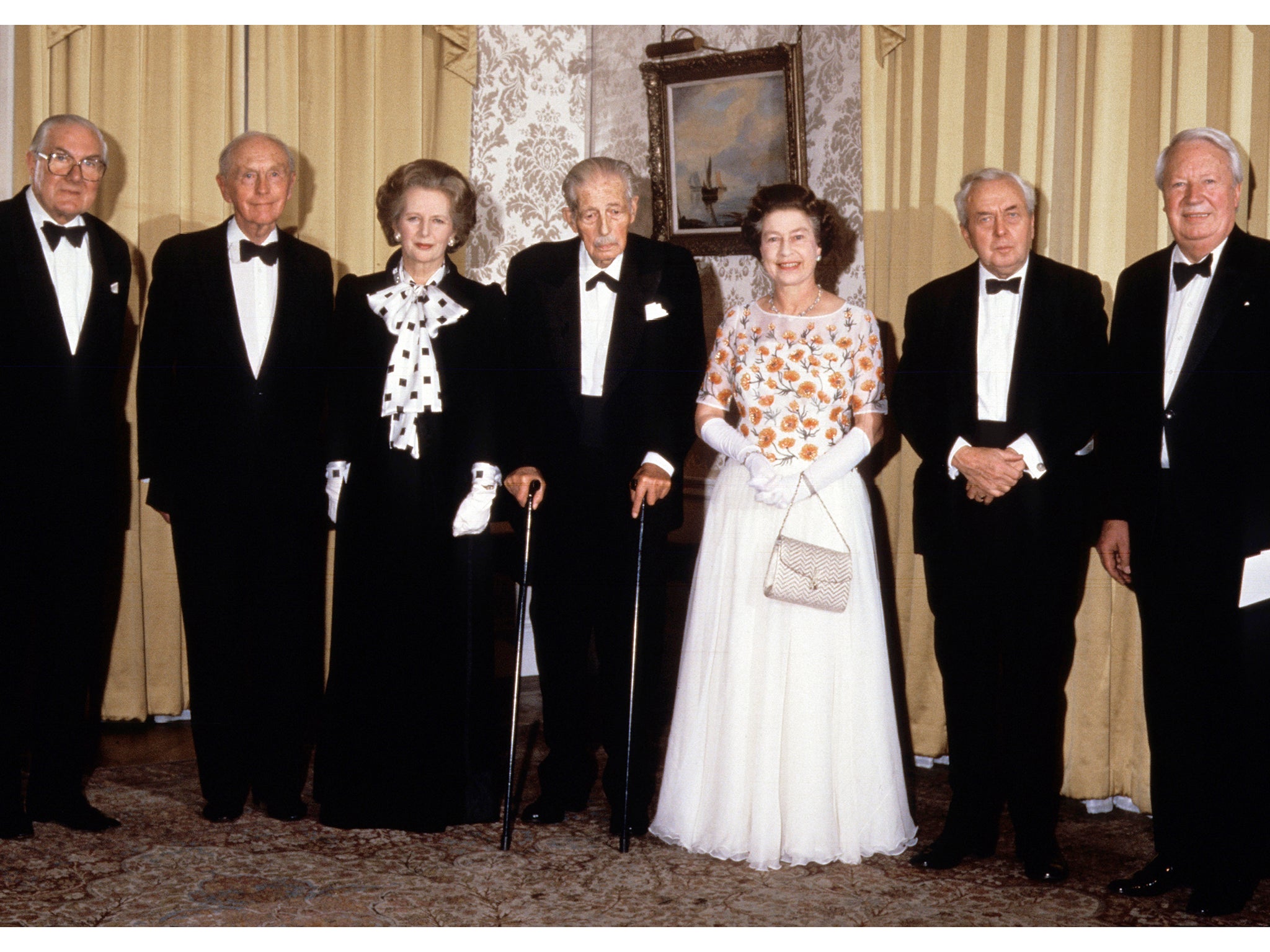 The Queen with six prime ministers, from left to right: Jim Callaghan, Alec Douglas-Home, then-serving Margaret Thatcher, Harold Macmillan, Harold Wilson and Ted Heath
