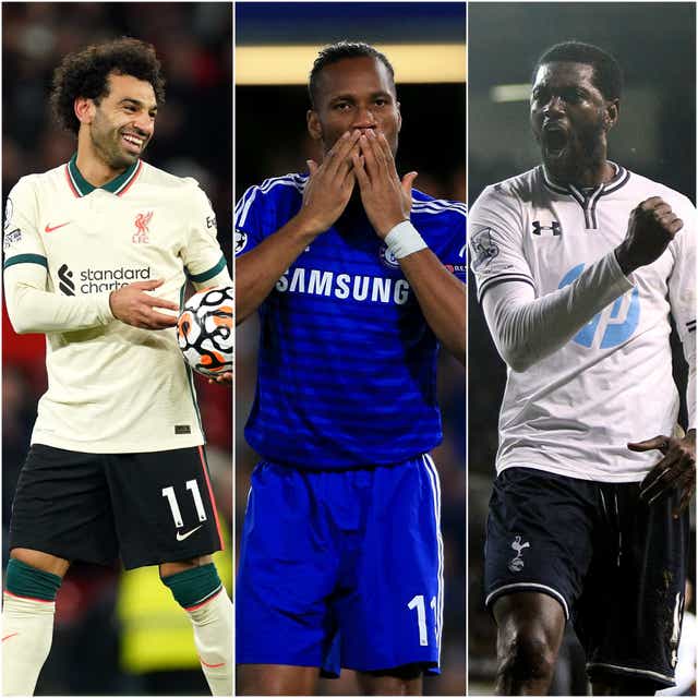 Mohamed Salah, left, passed Didier Drogba on a list also featuring Emmanuel Adebayor, right (Martin Rickett/Nick Potts/John Walton/PA)