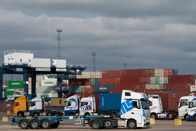 Lorries wait at the Port of Felixstowe in Suffolk. Haulage bosses have called for urgent Government action to avoid a crisis over Christmas (Joe Giddens/PA)