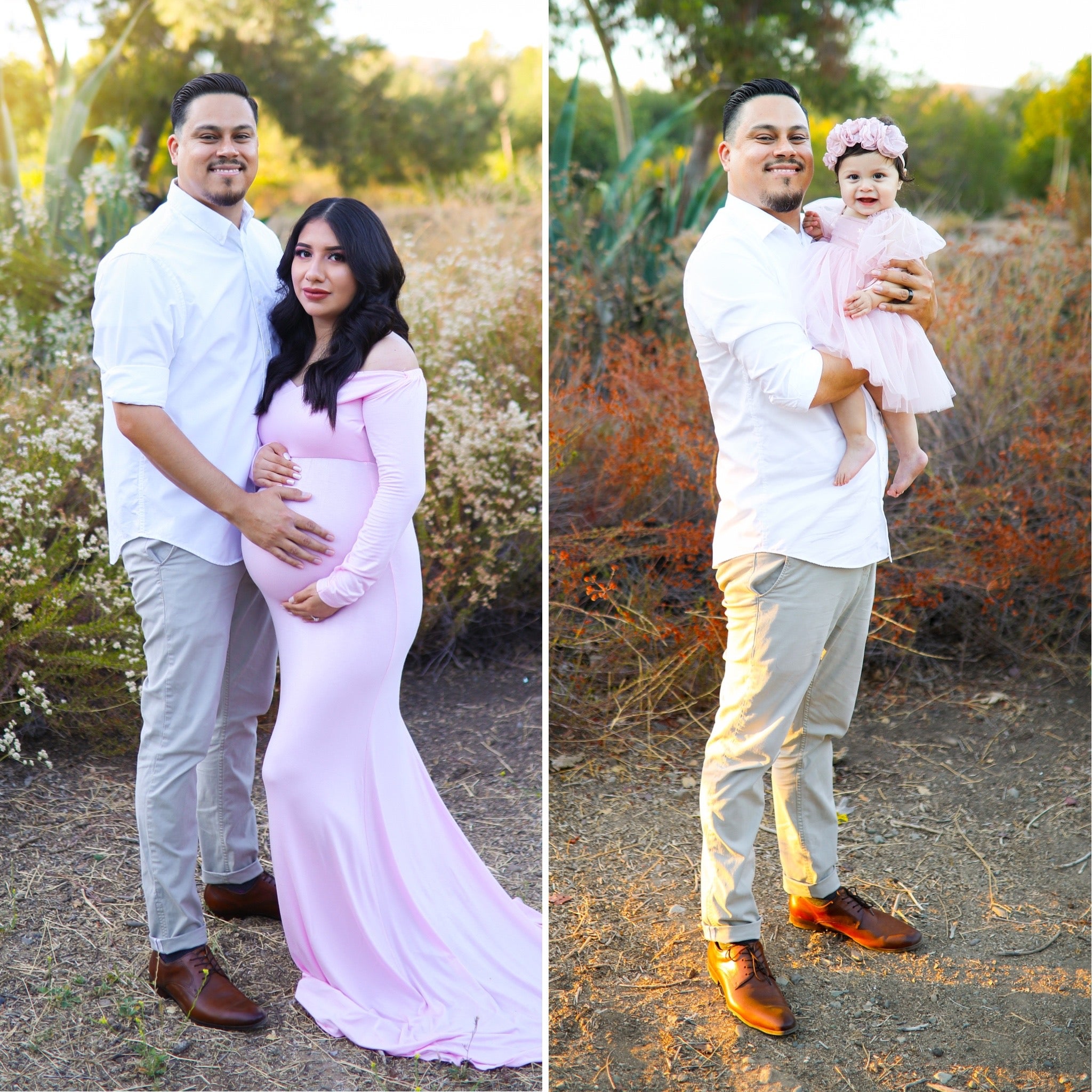 Expectant parents James Alvarez and Yesenia Aguilar in the shoot last year (left) and Mr Alvarez with daughter Adalyn recreating the shoot this year (right)