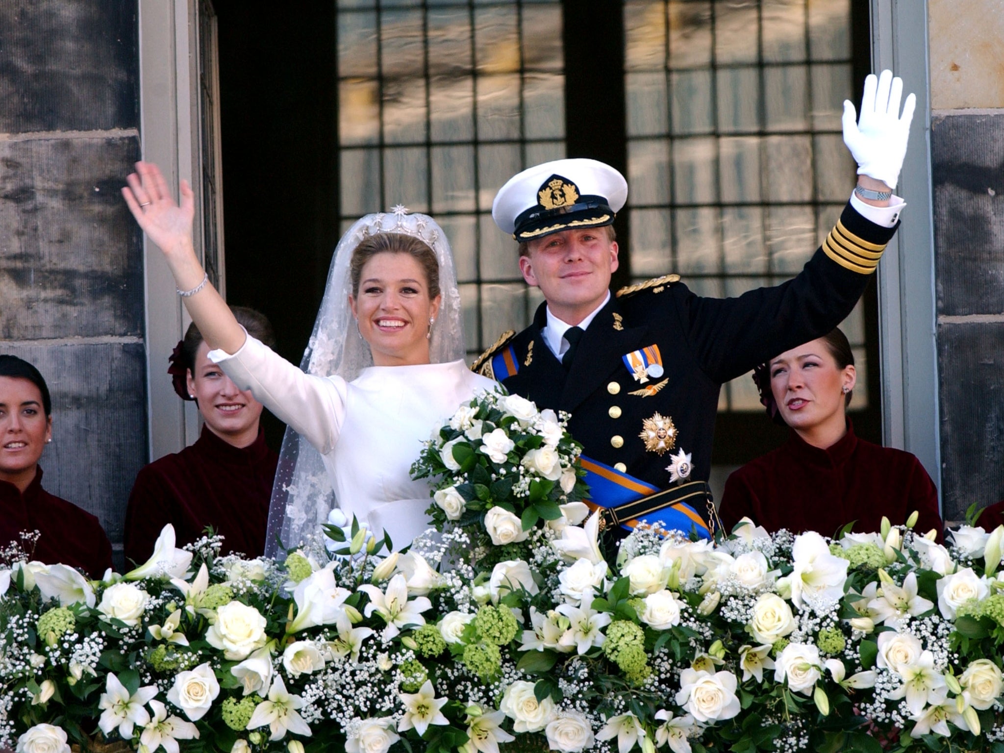 King Willem-Alexander and Queen Máxima of the Netherlands on the balcony of the Royal Palace in Amsterdam on 2 February, 2002