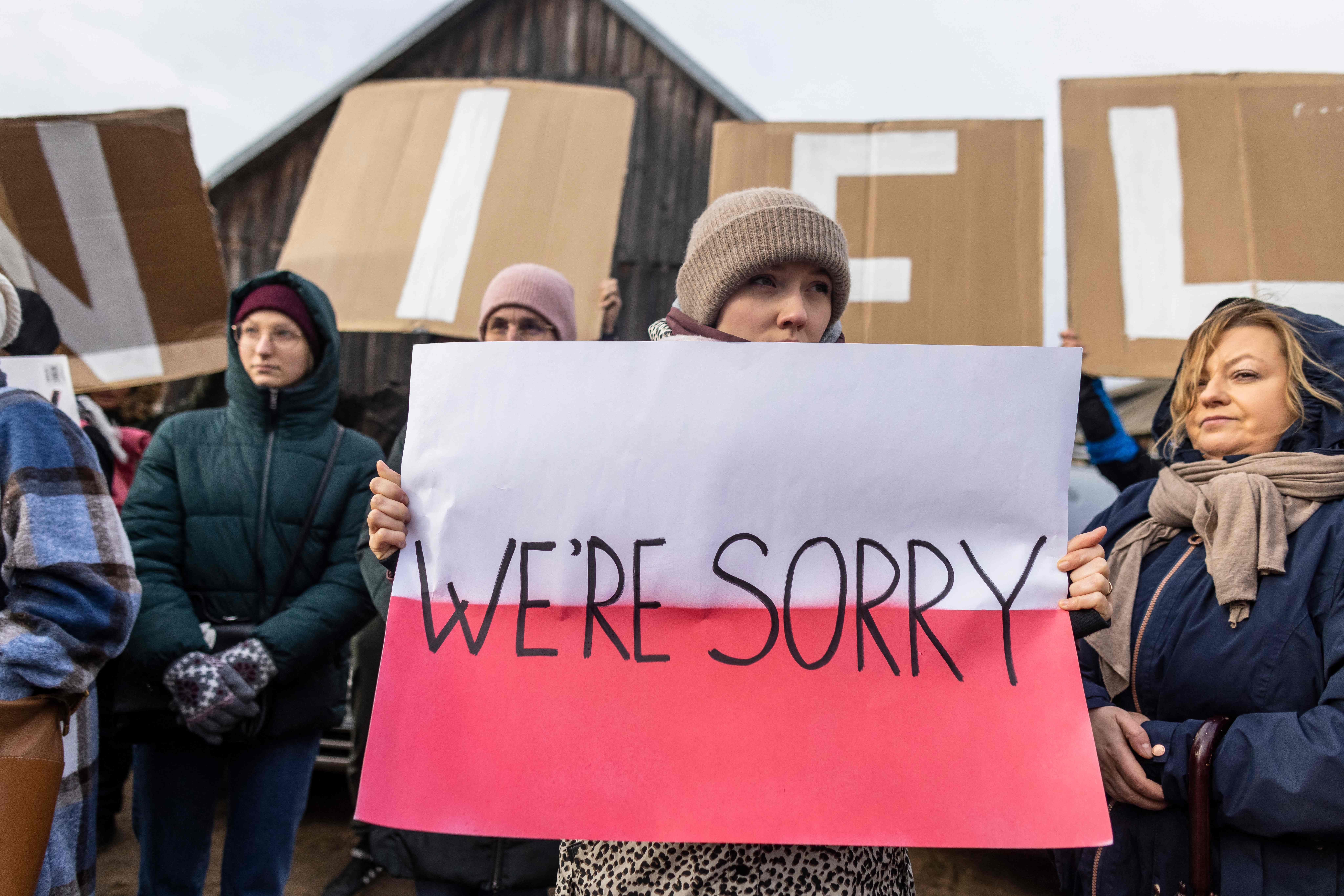 Women take part in demonstration initiated by Polish mothers in front of the border guard office in Micholowo to protest against the deportation of migrants to Belarus