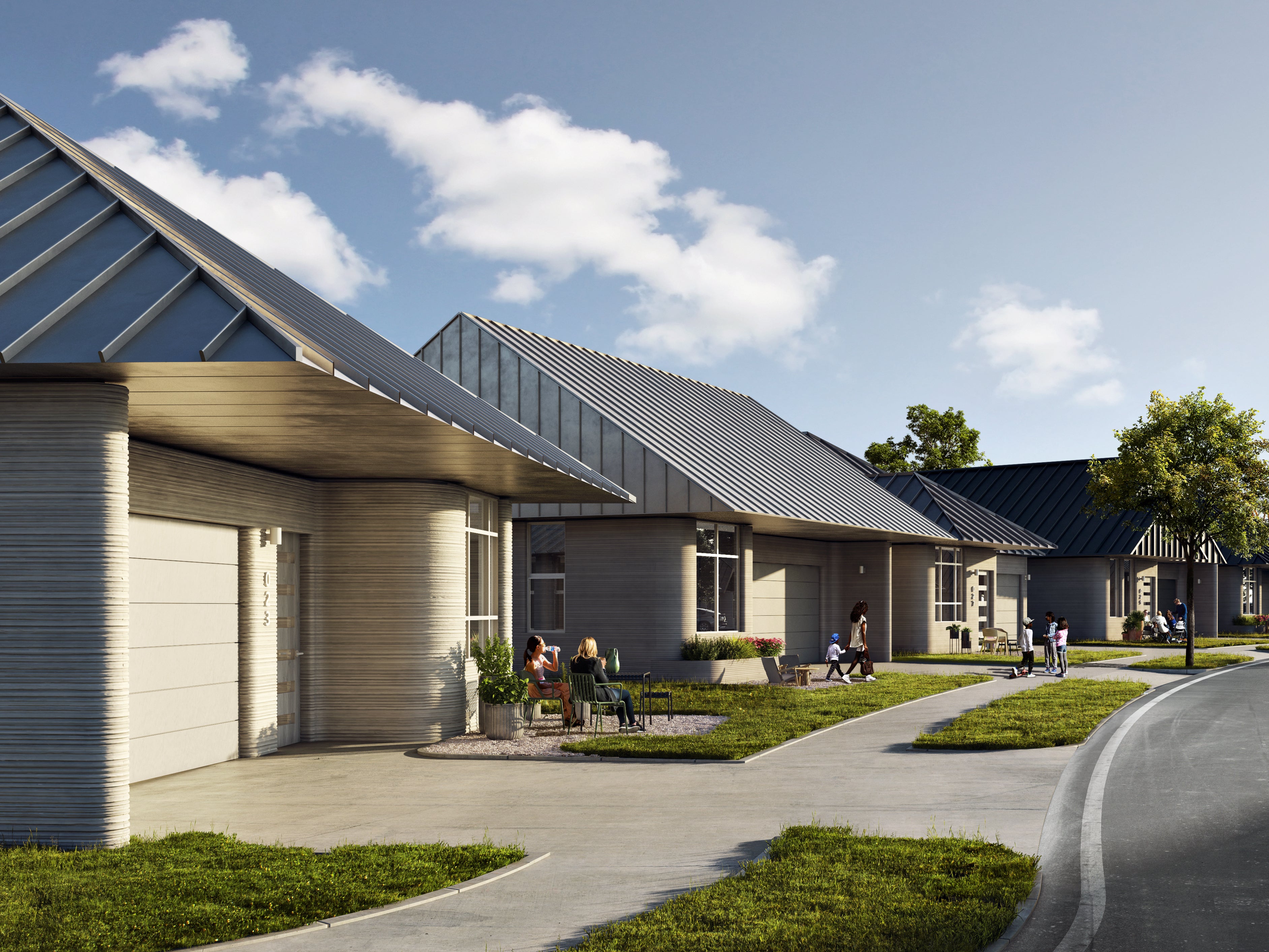 Una representación muestra una comunidad planificada de casas impresas en 3-D en Austin, Texas