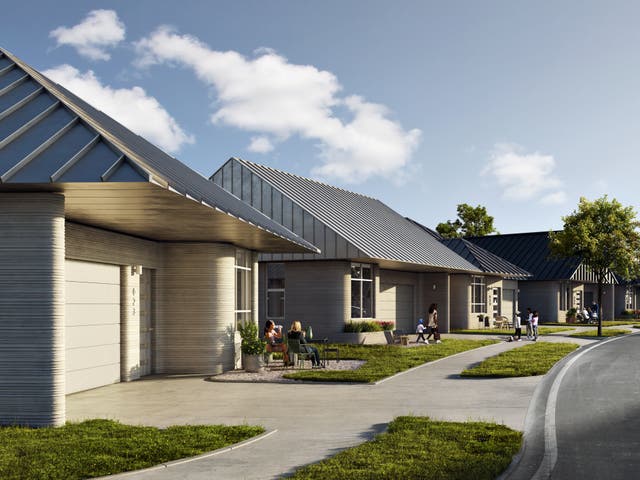 Una representación muestra una comunidad planificada de casas impresas en 3-D en Austin, Texas