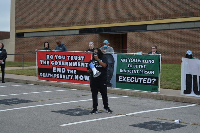 <p>Demonstrators in Oklahoma City, Oklahoma, protest the state’s resumption of executions, after a six-year moratorium on the death penalty following a series of botched killings</p>