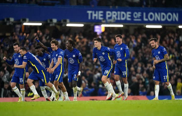 Chelsea players celebrate after beating Southampton 4-3 on penalties (Nick Potts/PA)