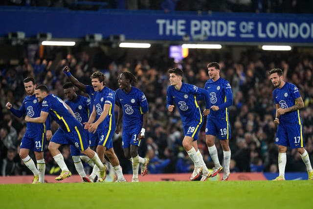 Chelsea players celebrate after beating Southampton 4-3 on penalties (Nick Potts/PA)