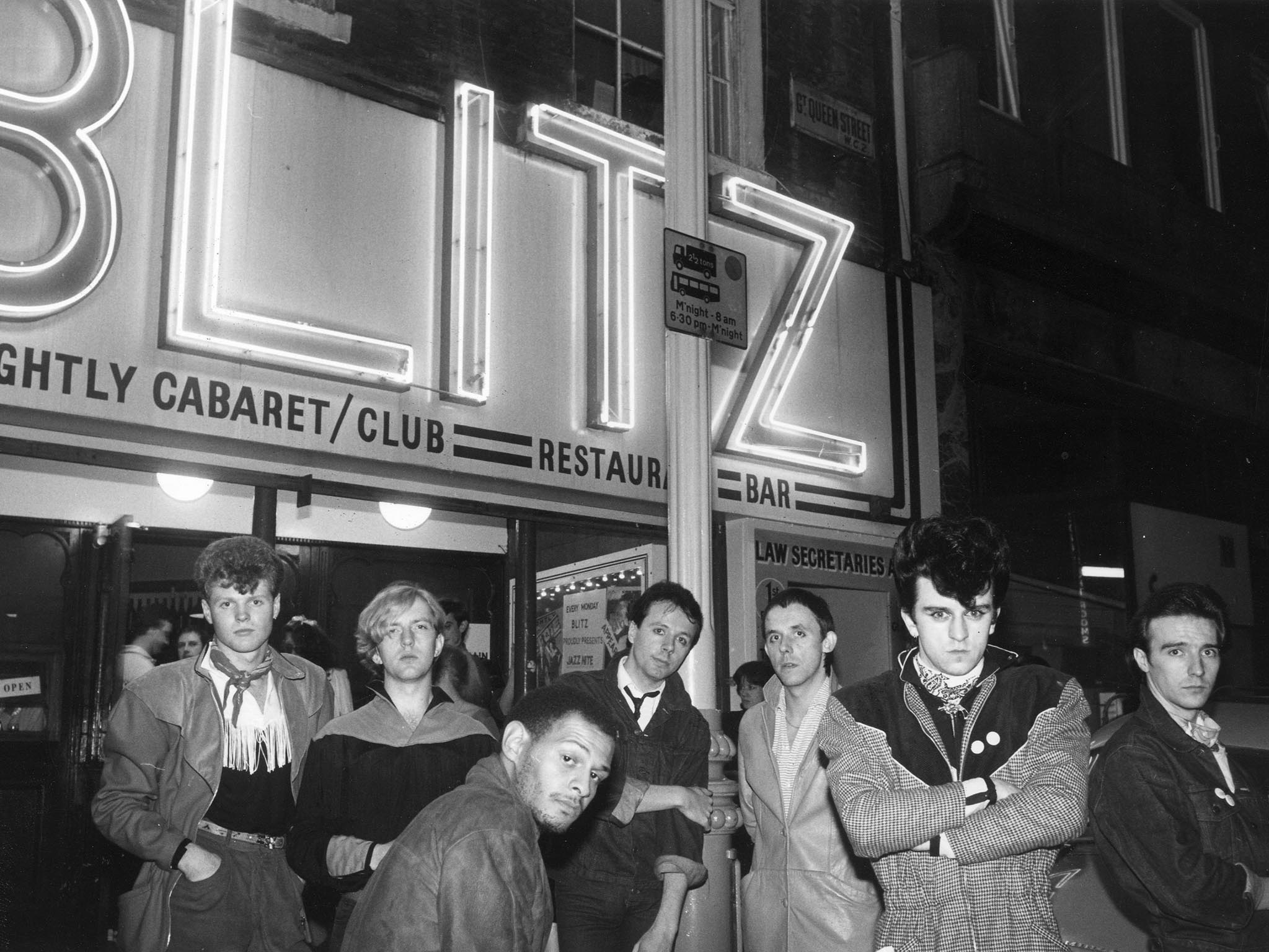 Rusty Egan, John McGeogh, Barry Adamson, Billy Currie, Dave Formula, Steve Strange and Midge Ure outside London’s Blitz club