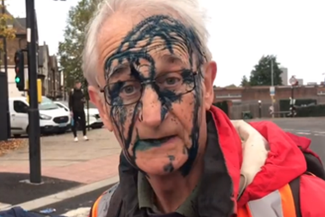 <p>Retired doctor and Insulate Britain protester, 77-year-old Christian, covered in ink by angry driver</p>