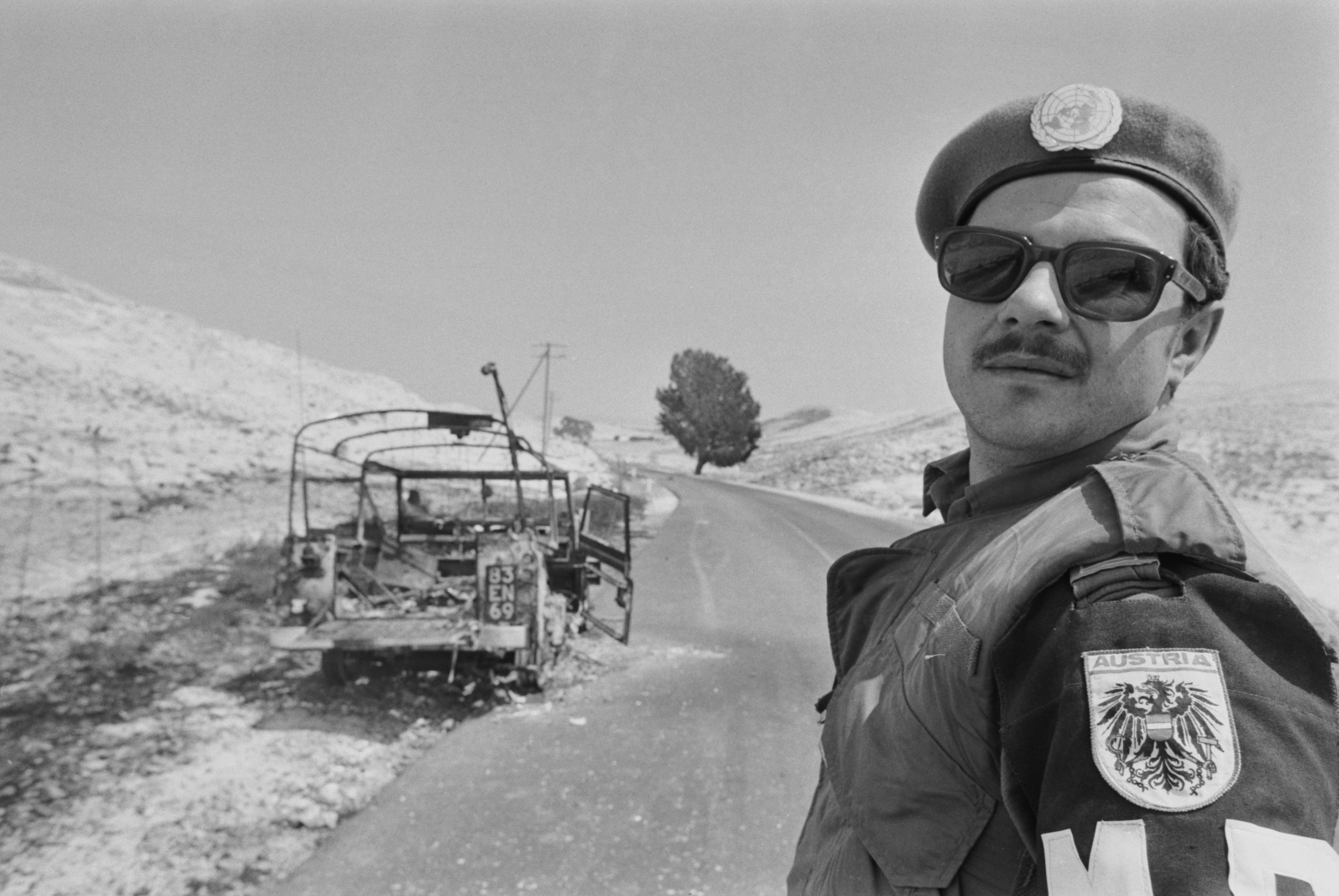 16th August 1974: a member of the Austrian Military Police in Cyprus, during the unrest which followed the military coup d’etat and Turkish invasion