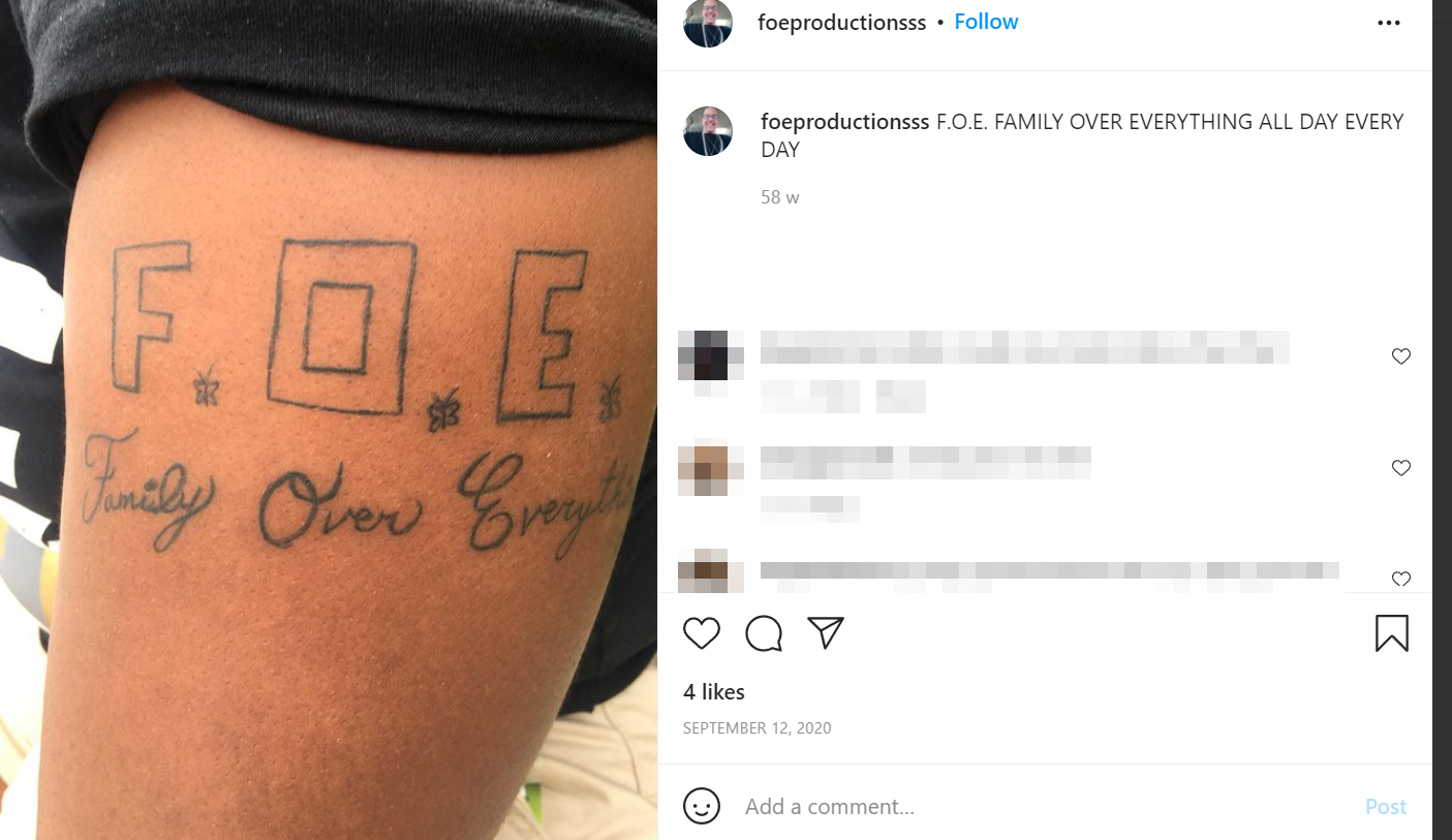 Brian Coulter shows off a tattoo reading “FOE Family Over Everything” on his Instagram