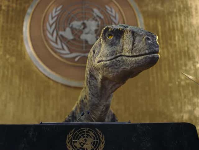 <p>The prehistoric creature tells delegates the world is heading for disaster </p>