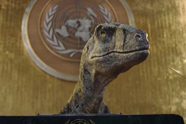 <p>The prehistoric creature tells delegates the world is heading for disaster </p>