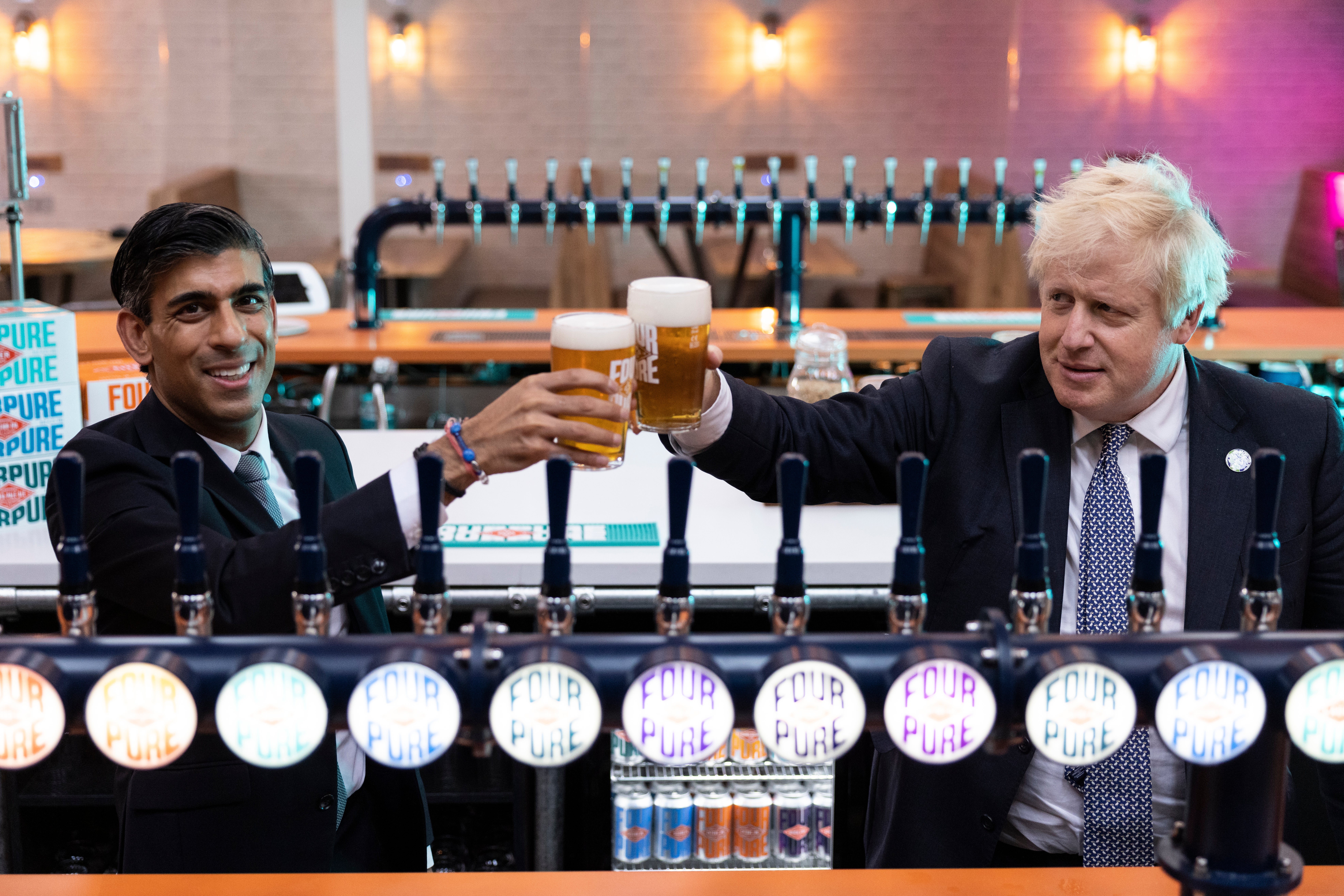 Boris Johnson and Rishi Sunak visit the Fourpure Brewery in Bermondsey, south London, after the chancellor’s Budget