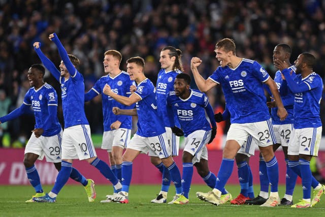 <p>Leicester celebrate winning on penalties</p>