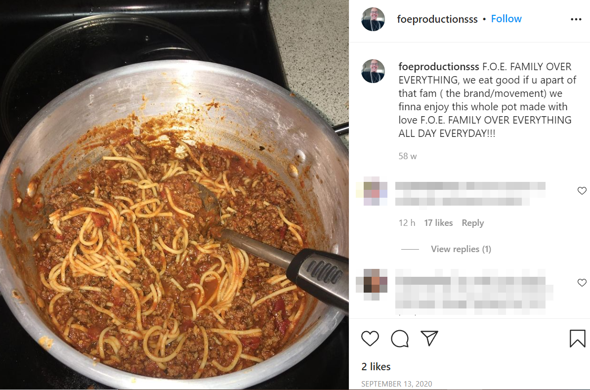 Brian Coulter shows off a huge pan full of food on his Instagram in September 2020