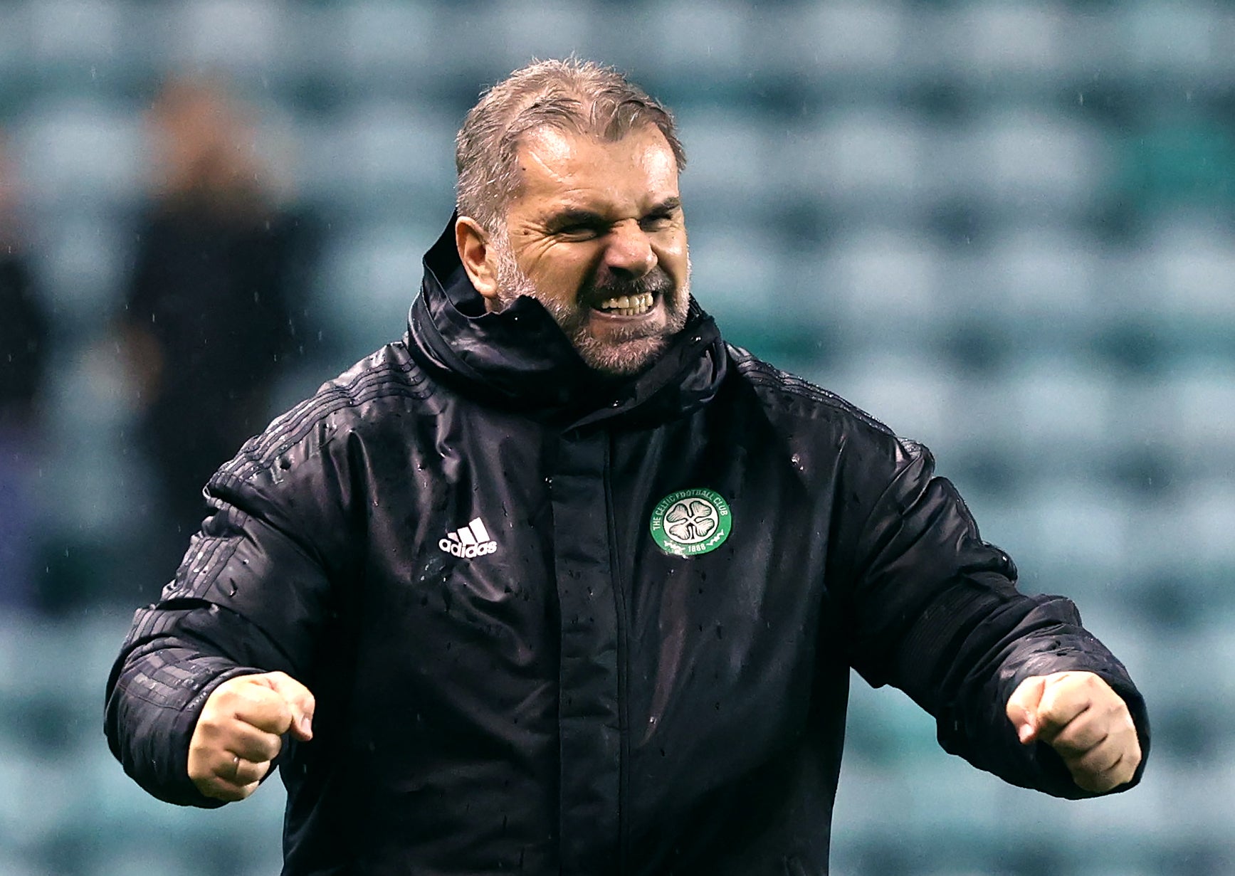 Celtic manager Ange Postecoglou celebrates his team’s win at Easter Road (Jeff Holmes/PA)