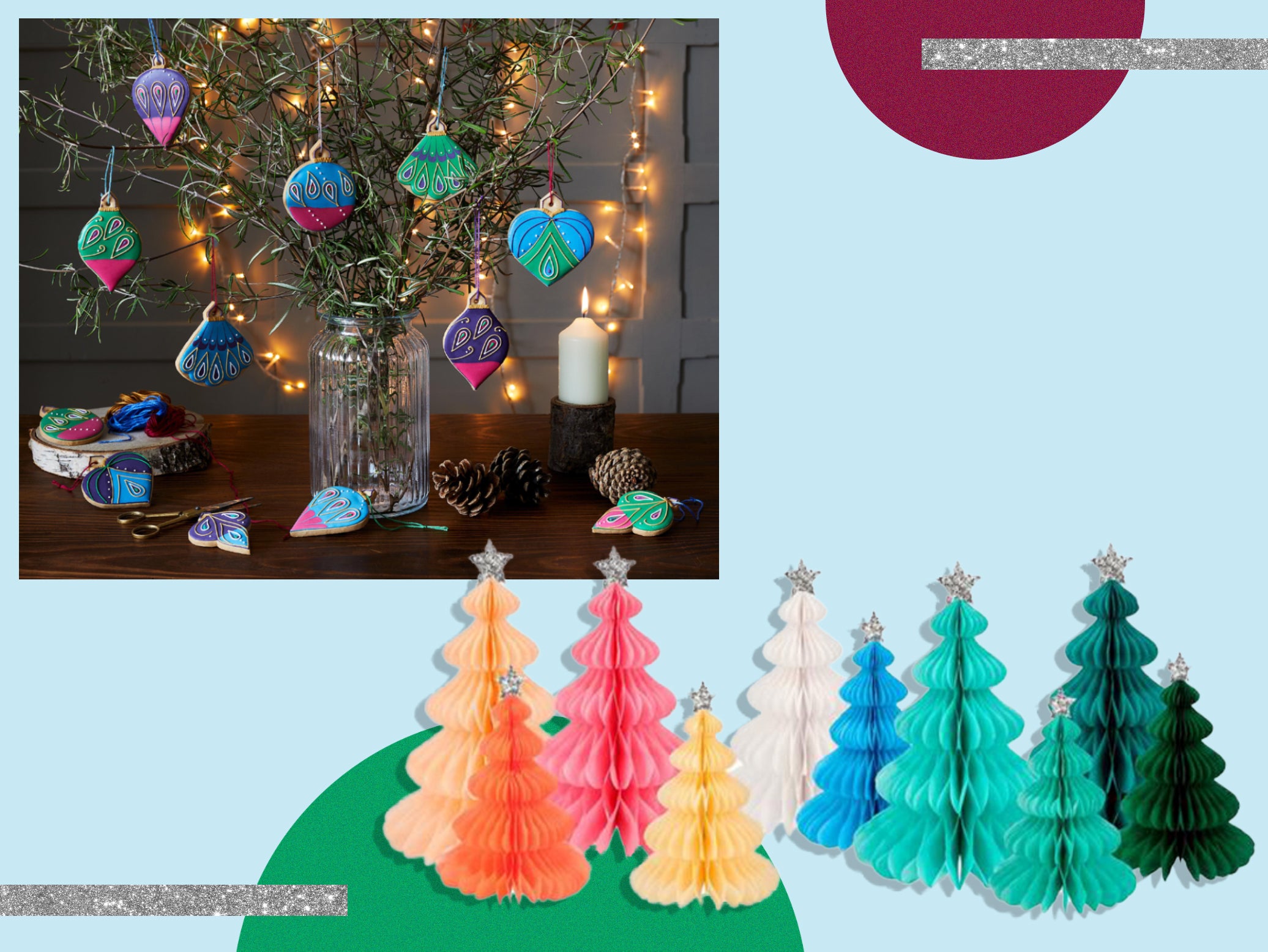 3 X Handmade Christmas Decorations Shabby Chic Wood Heart Tree Bows Silver Grey 