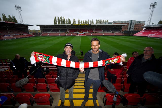 Wrexham co-chairmen Rob McElhenney (left) and Ryan Reynolds (right) during a press conference at the Racecourse Ground (Peter Byrne/PA)