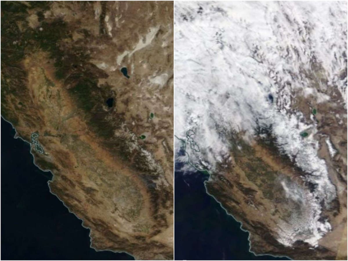 Satellite images shows northern California covered in snow from atmospheric river