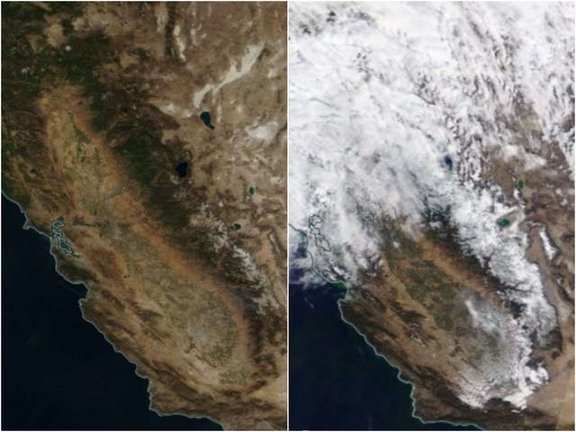 <p>Imágenes de satélite muestran California el 16 y 26 de octubre, revelando la nieve traída al estado por un río atmosférico.</p>