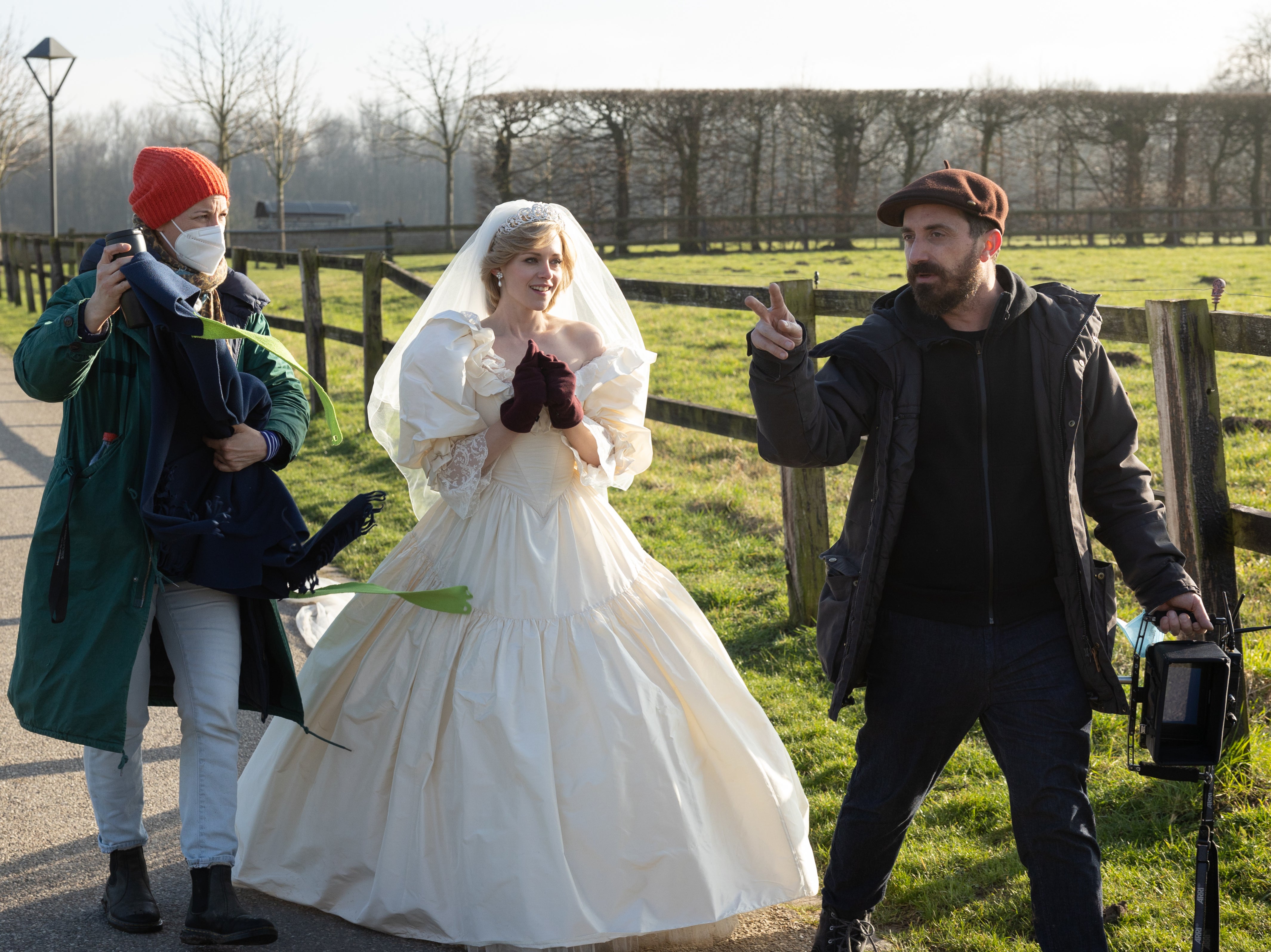 Bridal power: Stewart and Larraín film a brief flashback scene