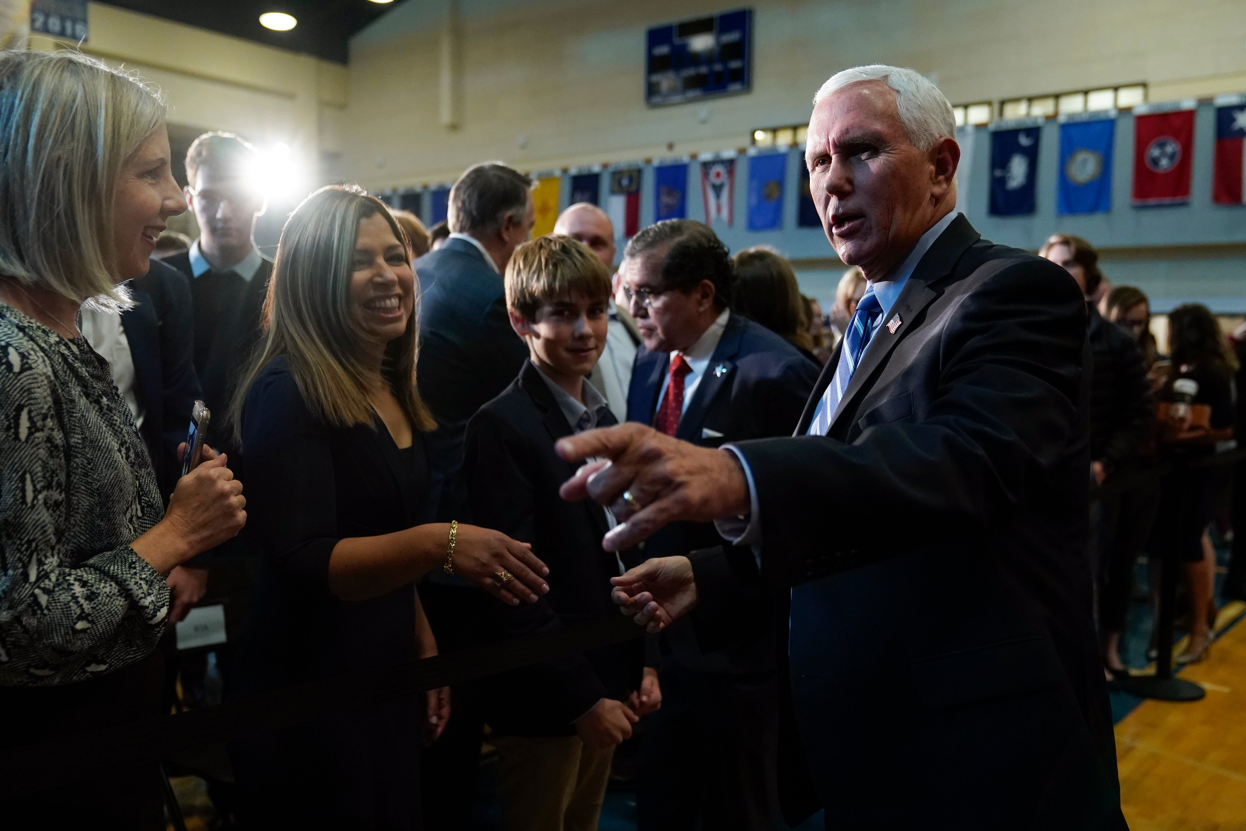 Former Vice President Mike Pence greets attendees after speaking about educational freedom at Patrick Henry College in Purcellville, Va., Thursday, Oct. 28, 2021