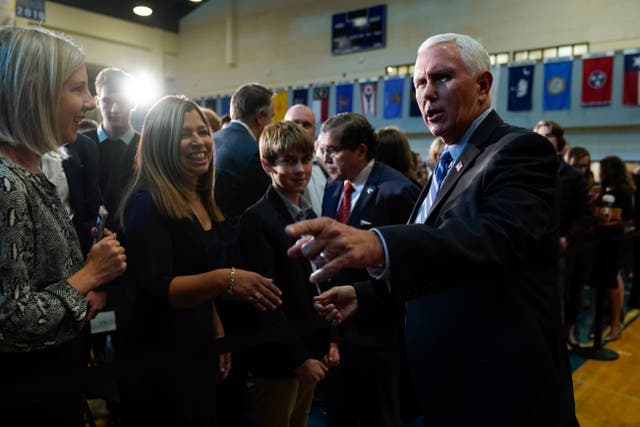 <p>Former Vice President Mike Pence greets attendees after speaking about educational freedom at Patrick Henry College in Purcellville, Va., Thursday, Oct. 28, 2021</p>
