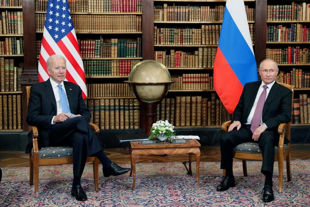 <p>Russian President Vladimir Putin and US President Joe Biden attend a meeting at Villa La Grange in Geneva, Switzerland on 16 June, 2021</p>