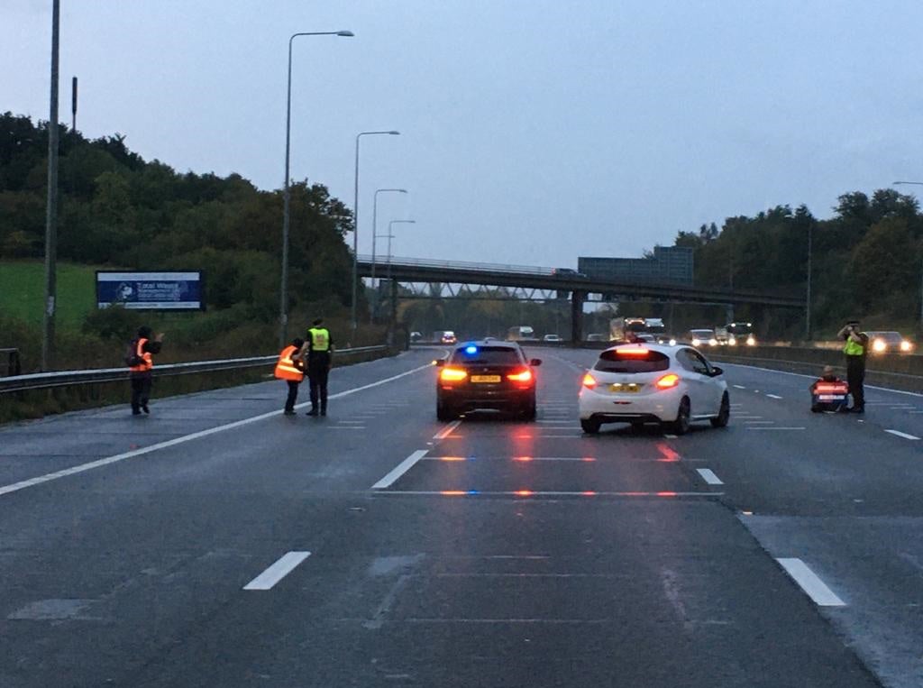 Police were called to protests at around 8am, and the southbound end of the M25 carriage has since repoened.