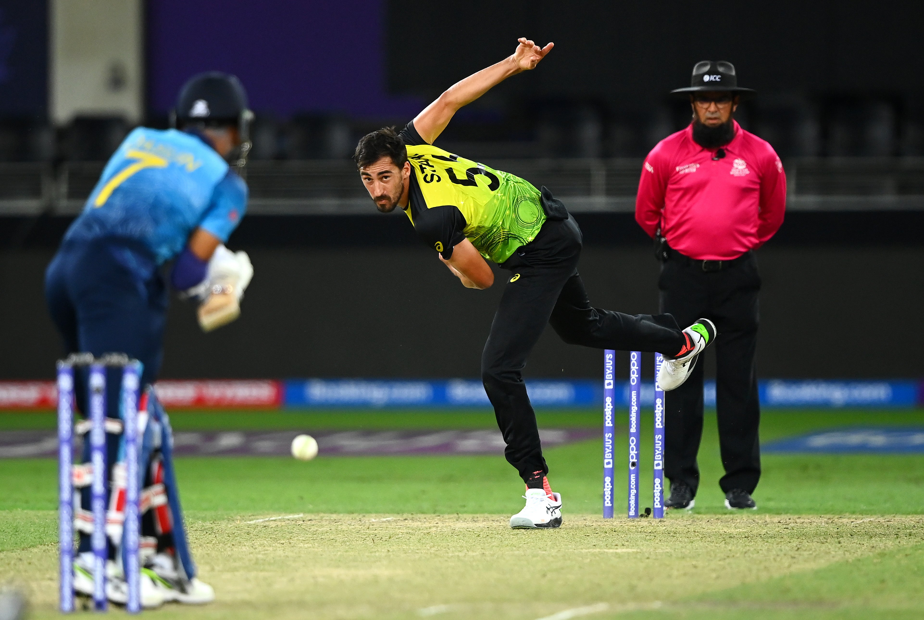 Mitchell Starc bowls for Australia in their win over Sri Lanka